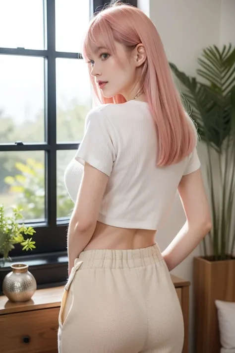 
“A serene indoor portrait of a stylish young woman with pastel pink hair and bangs, standing near a wooden-framed window. She wears a casual white crop top t-shirt tied at the waist and fitted white thight short. The view from the back of her. Big ass wit...