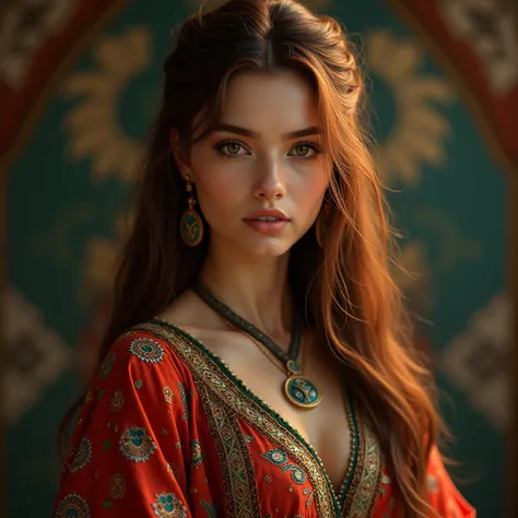 woman　bronze hair, dark eyes, long hair below the waist　 ethnic costumes