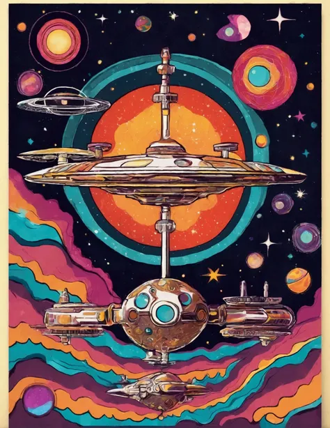 Space station. Groovy retro vibes, hippie style fluid art style, Vintage psychedelic art with galaxy and nebulae, stars. "Love and Peace" Psychedelic art, 70s hippie style psychedelic art posters. 