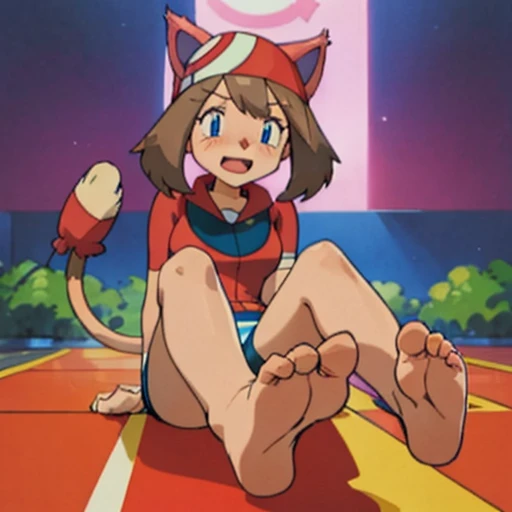 character_pokemon_may, may (pokemon), Maypokemon, barefoot, bare legs, soles, bandana, POKEMON_CHARACTER_MAY, barefoot, blue eyes, brown hair, red bandanna, red shirt, white skirt, blue shorts, bike shorts, medium breasts, barefoot, bare legs, long tail, b...