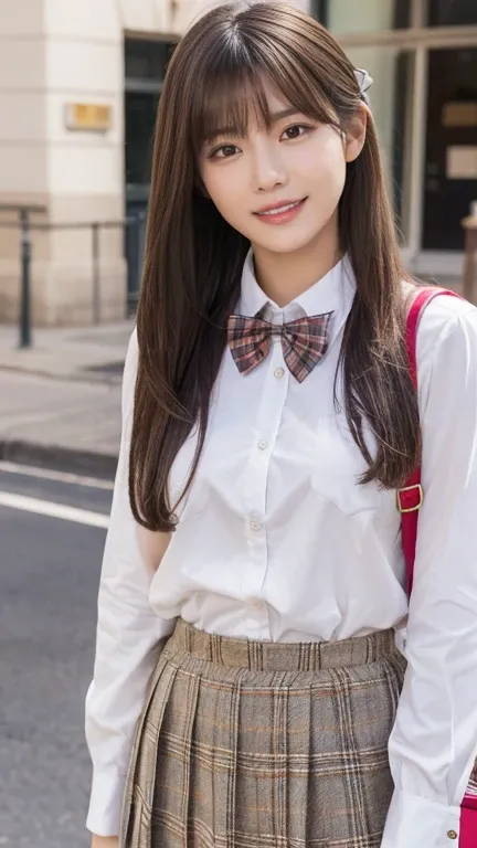 (8k,  RAW photo ,  top quality,  Masterpiece :1.2), ( realistic , photo- realistic :1.4), (  highly detailed 8K wallpaper ), Idol-like woman ,One Length Hair,  hair between eyes , Round face,  bust up,  school uniform ,  Brown Blazer ,  white shirt,  tarta...