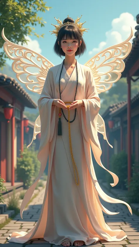   High Resolution  ,   high detail,   High Quality  ，Reality，houses，站著一位中國慈祥女人，Bangs, short hair, A Chinese merciful woman standing wearing a fairy costume ，Buddha beads in hand， watching people 