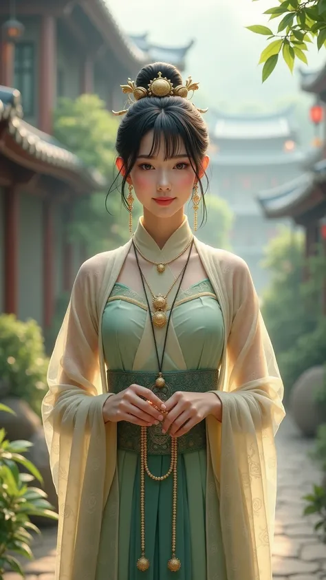   High Resolution  ,   high detail,   High Quality  ，Reality，houses，站著一位中國慈祥女人，Bangs, short hair, A Chinese merciful woman standing wearing a fairy costume ，Buddha beads in hand， watching people 