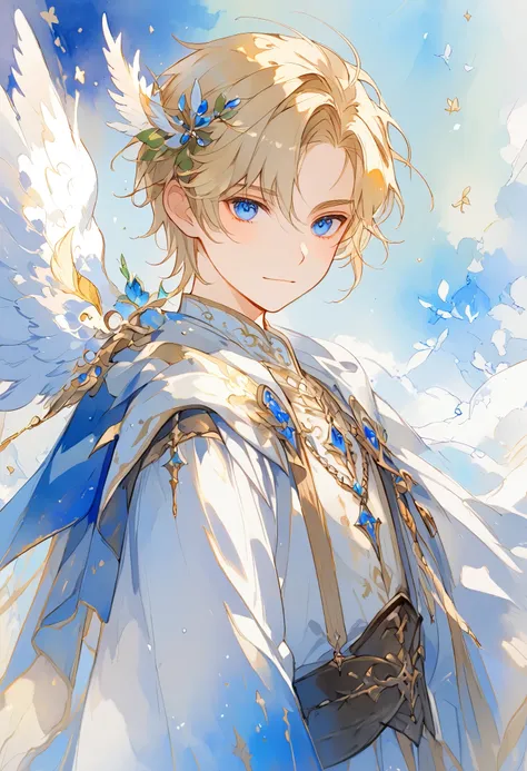 watercolor, A young angel man, Straight blonde hair,  blue eyes ,  white wings on his back , Prince clothes , Medieval fantasy,  located in the lower right corner , watercolor con bajo contraste, soft line ,  young man with a beautiful face , friendly, kin...