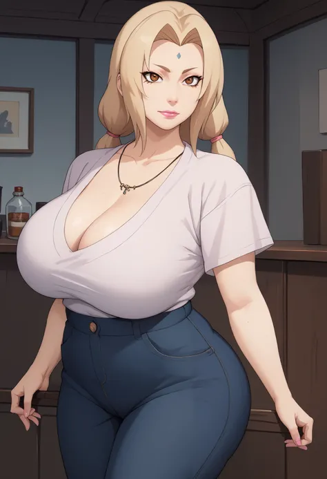 Tsunade Senju. Grandmother. long, blond hair tied in two ponytails. brown eyes.  pink lipstick. huge saggy breasts. bbw. necklace. jeans. Shirts. caffe.