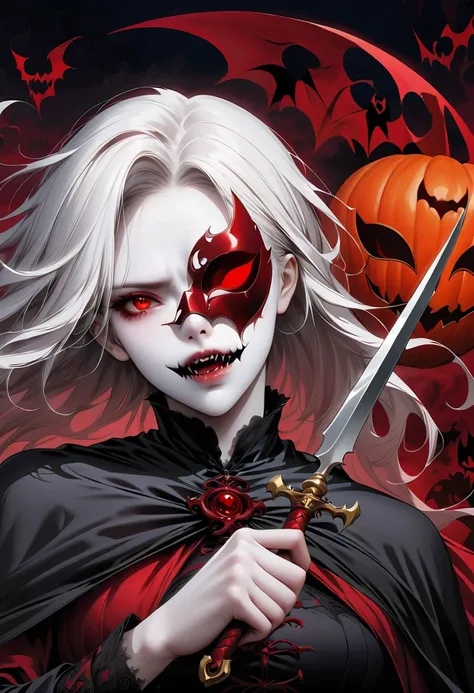 vampyre,holding a dagger,scissoring,wearing a mask,illustration,work of art:1.2,ultra detali,horor,sharp focus,Dark and mysterious lighting,red color scheme,long fangs,glare eyes,pale skin,fierce expression,renaissance art style,flowing cape,blood splatter...