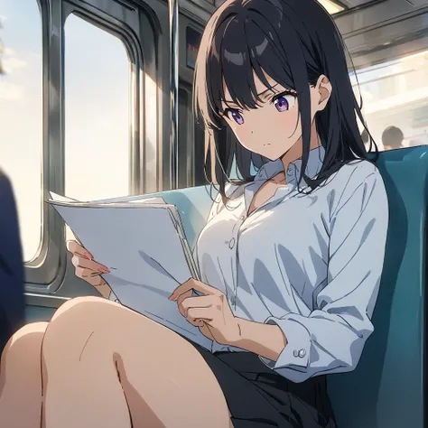 (masterpiece:1.2), high quality, high resolution, attention to detail, anime, woman is sitting on a train seat, reading documents with a focused expression, business suit, dress shirt, skirt,