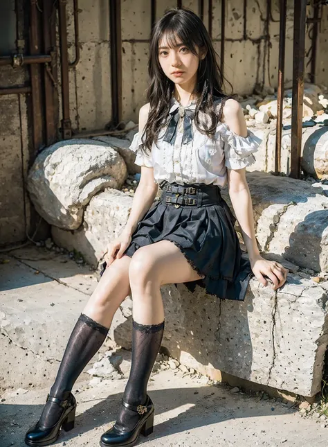 jirai kei costume,jirai kei,shirt,skirt,frilled shirt,frills,lace,Lace trim,shoulder cutout,bow,bowtie,belt,buckle,ribbon,jewelry, jirai kei attire, jirai kei, black thighhighs, high heels, 
(RAW photo, best quality), (realistic, photo-Realistic:1.3), best...