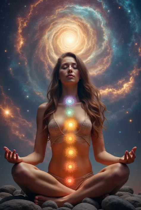 A real life beautiful woman Meditating with glowing seven chakras on a cosmic galaxy energy background. 4K