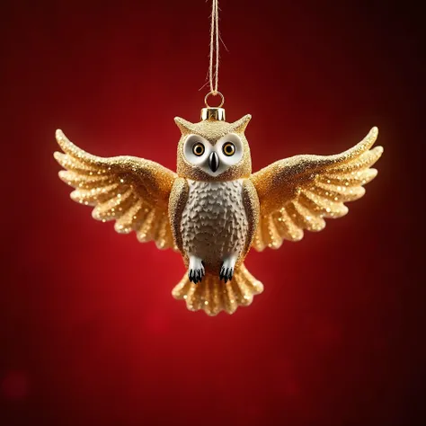 A realistic owl-shaped Christmas ornament with glittery feathers and intricate details, hanging on an invisible string against a red background. It sparkles under soft festive lighting.

