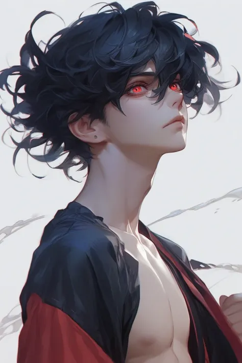 Best Quality,  very detailed, One boy, black hair, red eyes,  shoulder length hair