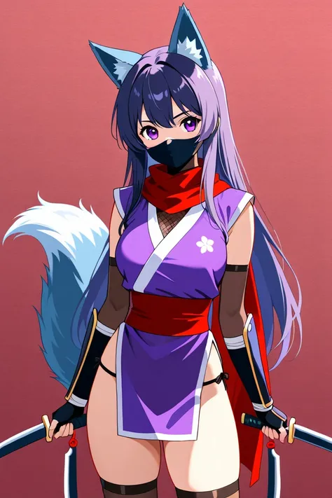 Waifu with wolf ears and tail, ninja with mask , with long hair,  Ninja costume , with ninja weapons ,with kunais , with purple eyes, con navajas ninja, con kunais con sangre