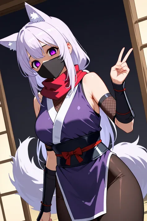 Waifu with wolf ears and tail, ninja with mask ,  with long hair,  Ninja costume , with ninja weapons , Yandere, with kunais , with purple eyes, con navajas ninja