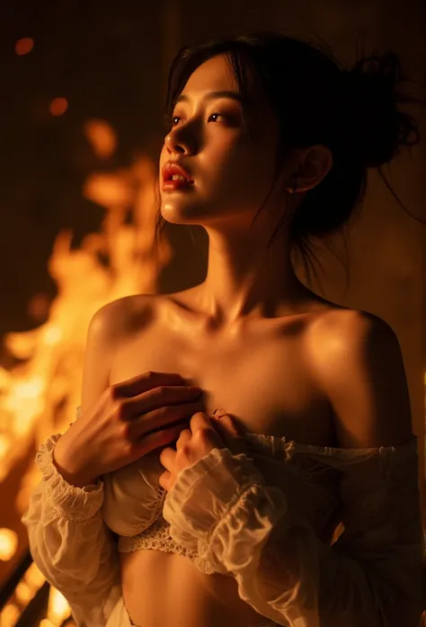 low angle portrait shot of beautiful so sexy Japanese woman, standing against sexy pose in dark hot flame, low light, only a very low dim light shone on her, white skin, wave bun hair, very wet, body drenched, very sexy woman, small breasts, tilt head up, ...