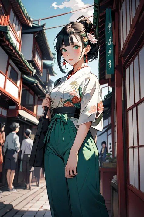   Masterpiece ,  Great Quality ,  top quality,  high definition , 4K, 8k, 超 high definition , 
 Ukiyo-e painting style ,A green colorful world,
1girl,  Pants Style ,  perfect eye details , Tourist city , face up
