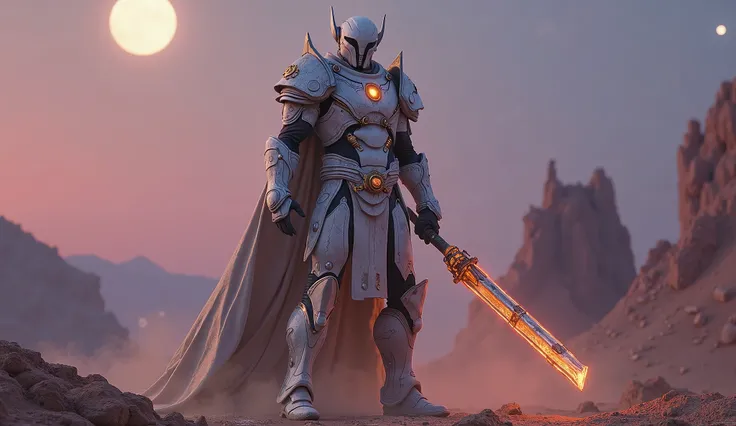 "A powerful and resilient warrior named Tarak, wearing futuristic white and rugged armor, full image, inspired by the Rebel Moon aesthetic. He stands tall in a desolate, alien desert landscape under a twilight sky, with two moons casting a faint glow. His ...