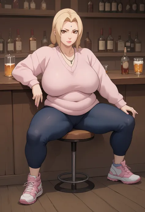 Tsunade Senju. Grandmother. long, blond hair tied in two ponytails. brown eyes.  pink lipstick. huge saggy breasts. bbw. necklace. sweater. leggings. sneakers. bar. spread legs. 