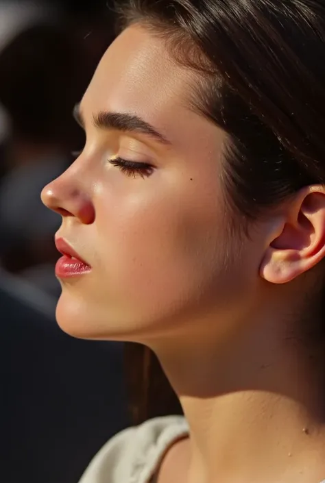 A vivid close-up of Jennifer Connelly, profile from her side,closed eyes, opened mouth, in ecstasy,