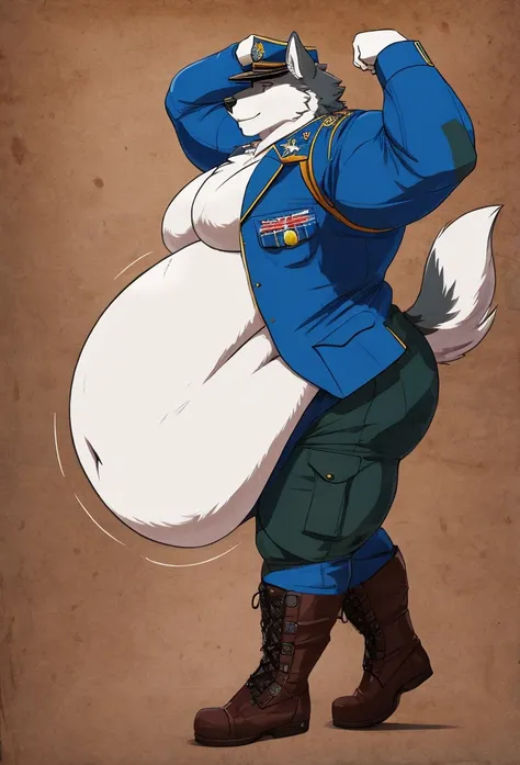 Very extremely morbidly-Obese Wolf with unbelievably very very very extremely massive overhang white belly, wears Boots, Wears full military uniform, side view, Flexing