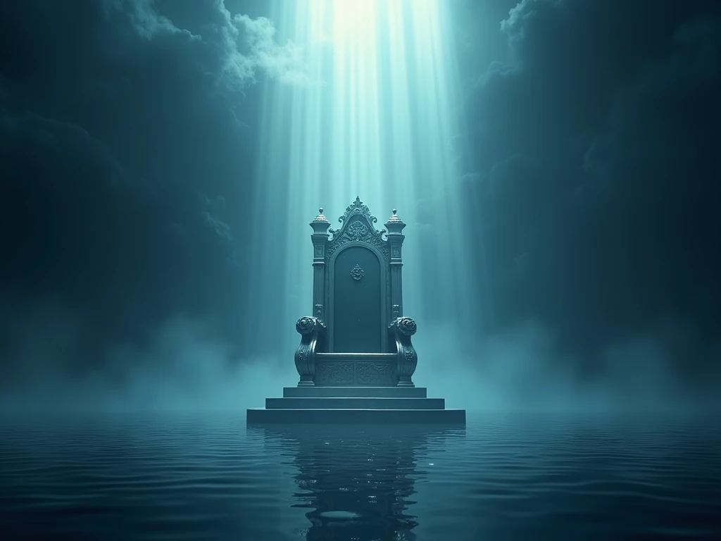 "An infinite expanse of water with a magnificent throne (Arsh) hovering above it. Soft rays of light surrounding the throne, casting a divine glow over the deep blue and black environment."