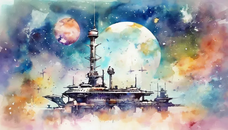 Watercolor Style,  Space Station in Outer Space, star々Background studded with, shortage々しい惑starが近くに浮かぶ, SCIENTIFIC DETAILS ,  Flashing Sensor Lights ,  sharp edge design 