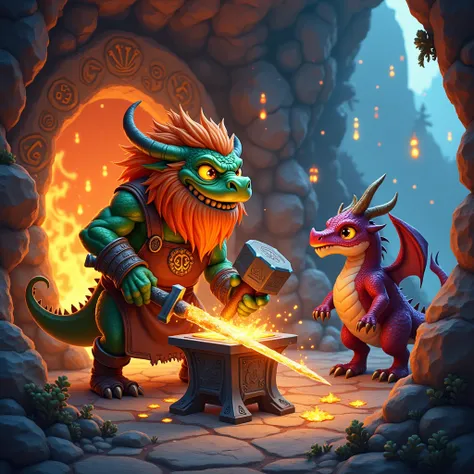 A vibrant and detailed fantasy scene featuring a friendly and approachable dwarf-like dragon blacksmith working in a magical forge. The blacksmith has a stout, cheerful appearance with rugged yet colorful scales in shades of bronze and green, a thick, fier...