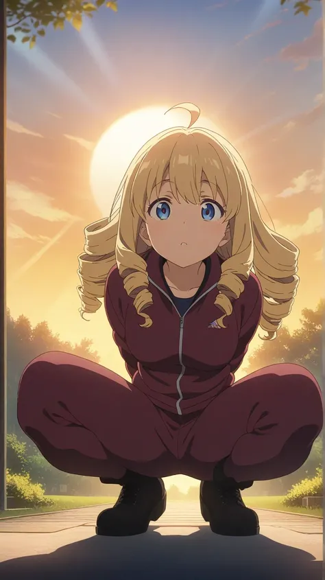 upper body, a girl, blonde, long hair, drill hair, ahoge, blue eyes, slant eyes, narrow eyes, maroon sportswear long pants, maroon sportswear, Black platform boots, squatting, arms behind back, orange sky, light rays, evening, huge sun, backlighting, in th...