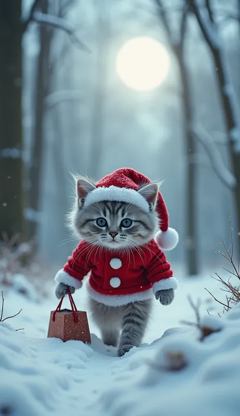 A fluffy gray kitten, wearing a red Santa suit, carrying a small gift bag, with a tired face looks small in the middle of the white snowy forest. He walks slowly, leaving small footprints in the snow. Above him, the moon shines pale, providing a dramatic c...