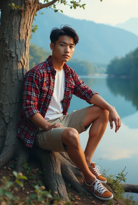 A handsome Indonesian guy face facing the camera in a photo post wearing a flannel shirt daleman white t-shirt wearing shorts sitting on a tree wearing very intricately designed shoes with a very detailed water chat canvas editing with a beautiful lake bac...