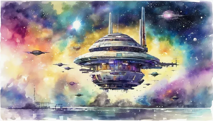 Watercolor Style,  a space station that looks up at the center of the galaxy, A band of light crosses the interstellar space ,  advanced parts and energy sources ,  cyber-like design ,  an atmosphere that feels like the abyss of space 