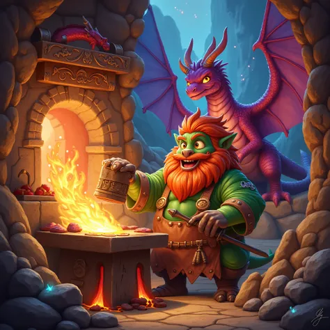 A vibrant and detailed fantasy scene featuring a friendly and approachable dwarf-like dragon blacksmith working in a magical forge. The blacksmith has a stout, cheerful appearance with rugged yet colorful scales in shades of bronze and green, a thick, fier...