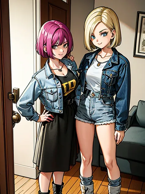 Two  women. Inside.home.room (8k) . Gold shorthair  . Selfee. Standing. Denim jaket.evil eye