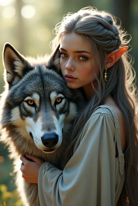 ( Beautiful druid elven girl 1.3)  hugging a big gray wolf  (чрезвычайно подробные обои CG unity 8k,  masterpiece fails,  top quality ,  ultra-detailed ,  beautiful detailed bright eyes :1.2),  best lighting , ( best shadow,  extremely gentle and beautiful...