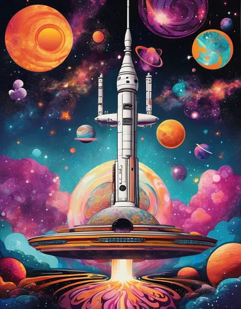 Space station. space station art, Groovy retro vibes, 70s hippie style psychedelic art posters. hippie style fluid art style, Vintage psychedelic landscape with galaxy and nebulae, stars, "Love and Peace" Psychedelic art