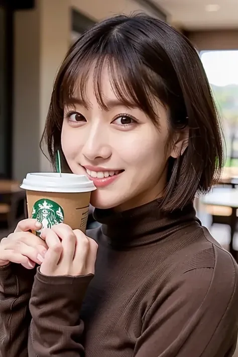 (masterpiece, best quality, perfect anatomy,  highres icon, 8k, realistic, photorealistic, natural skin texture, no makeup:1.2), Japanese, age20, (very cute), shy smile, (drinking cafe latte in a winter Starbucks), ((A freshly drunk cafe latte is placed on...