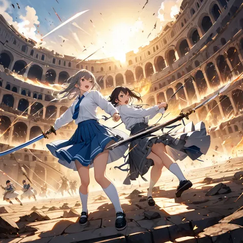 "Create a dynamic and epic illustration of two high school girls, Asian faces, white long-sleeved shirt with front collar, gray ruffle skirt, white knee-length socks, black school shoes, fighting in the gladiatorial arena with swords, engaging in fierce co...