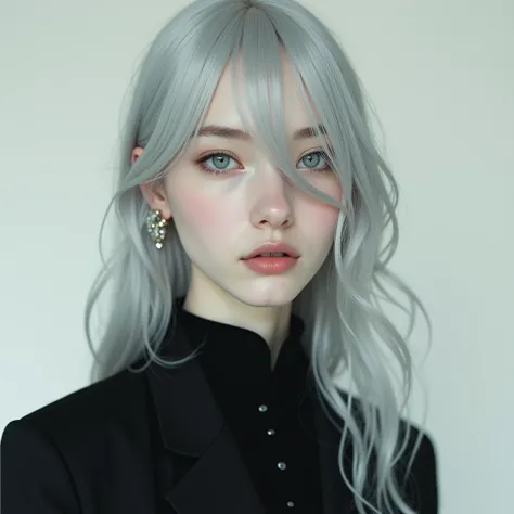 woman　pale skin, silver hair, gray eyes （Thin） bangs, long hair　uniform（black）