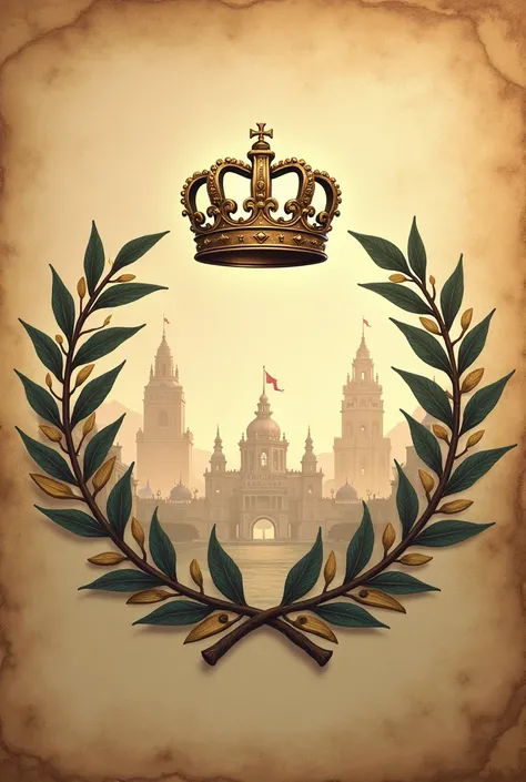  the symbol of two intertwined crowns surrounded by bay leaves in the center. In the background,  show a distant view of a restored capital ,  with imposing walls and flags fluttering in the wind . Add a parchment texture to the ,  background with central ...