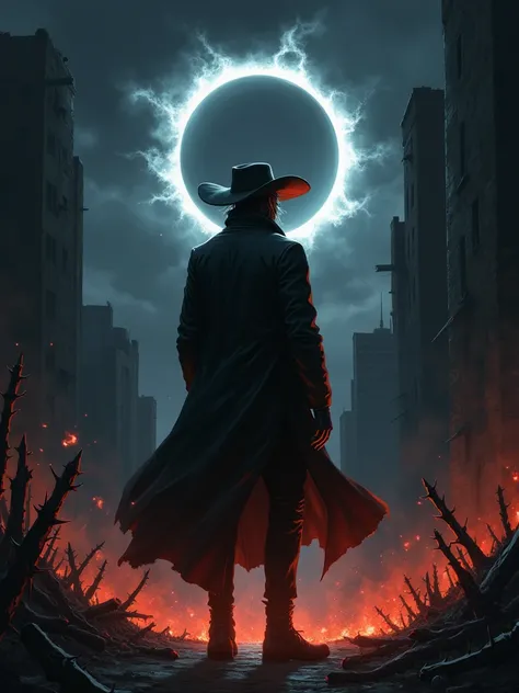  A man in a long black jacket and leather hat， There are many thorns all around the picture,  Strong and gloomy anime-style atmosphere ， behind it are dark street ruins ，There is a flame under your feet，There is a solar eclipse in the sky 