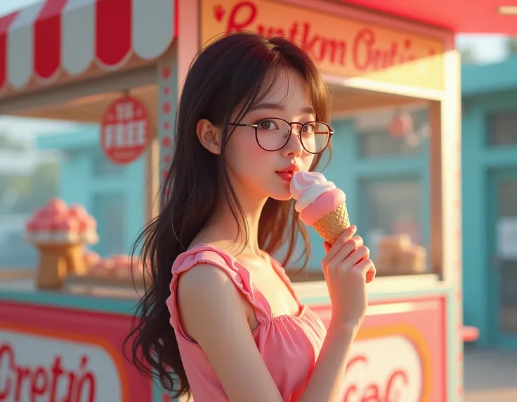 A K-Pop girl wearing pink dress brown hair with glasses eating ice cream standing next to ice cream cart age 18 