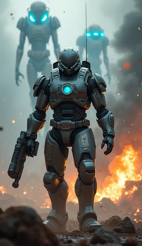 “A futuristic battlefield engulfed in chaos, with towering alien creatures attacking amidst explosions and smoke. A soldier wearing a rugged, mechanical exosuit with intricate details and glowing energy cores stands heroically in the center, holding a mass...