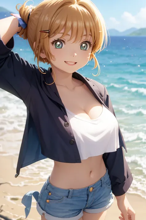 A beautiful sexy girl walking on the beach, anime girl, (18 year old girl:1.3), (aged up), tied shirt, cleavage, midriff, mini shorts, big rounds breasts, good lighting, perfect body, ponytail, hairclip, hair ribbon, hair flower, glowing eyes, pupils spark...