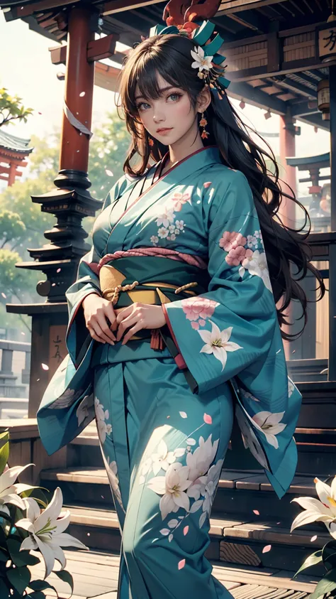  1 girl, Alone, the above, (White lily flower), Midea,  complicated,  top quality,  detailed background, Sayaka Miki, ((girl wearing a patterned teal kimono:1.2)), (Walking through a Zen garden),  カジュアルな pose,  detailed texture,  pose, fローラl print,  hair f...