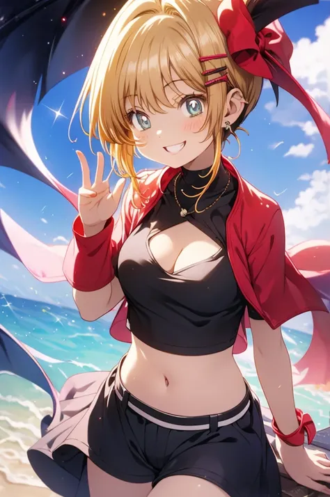 A beautiful sexy girl walking on the beach, anime girl, (18 year old girl:1.3), (aged up), tied shirt, cleavage, midriff, mini shorts, big rounds breasts, good lighting, perfect body, ponytail, hairclip, hair ribbon, hair flower, glowing eyes, pupils spark...