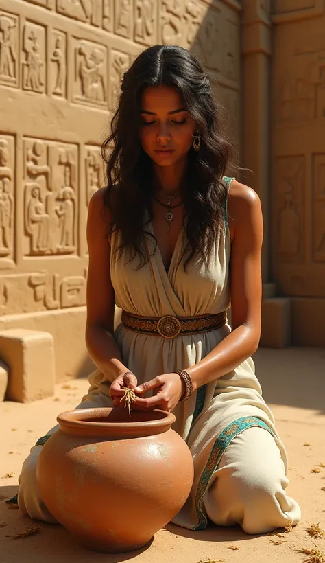 Ancient Testing Scene: A depiction of an ancient Egyptian woman performing the pregnancy test, with clay pots containing wheat and barley seeds placed under sunlight in a simple, rustic setting. The background shows hieroglyphics on a temple wall.