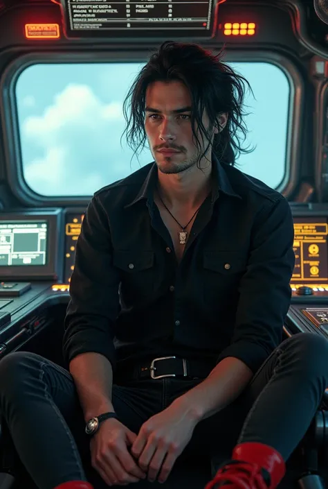 "  produces realistic fictional images in a futuristic style  " Close-up detail of a handsome young man 20 years old long hair involves a ponytail unruly black shirt black jeans red boots and spacecraft control panel futuristic shape full feature digital A...