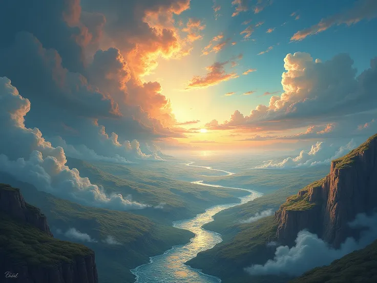 "The process of the earth and sky being formed, with the landmasses slowly taking shape and water emerging. The sky is vast and infinite, filled with a sense of creation."
