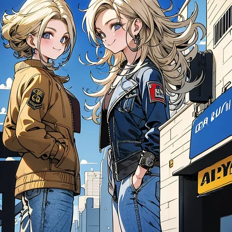 Two  women. Bluesky (8k) . Gold hair  . Selfee. Standing. Denim jaket.evil eye.American. smile. City American