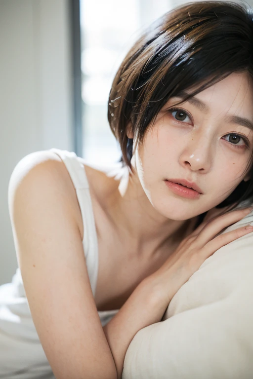  1 girl, Alone,  shortcut hair, japanese, androgynous, boyish, black hair, Droopy eyes, sleepy face,  high definition , accurate,  Anatomically Correct ,  High Quality , 気だるげな、美しい