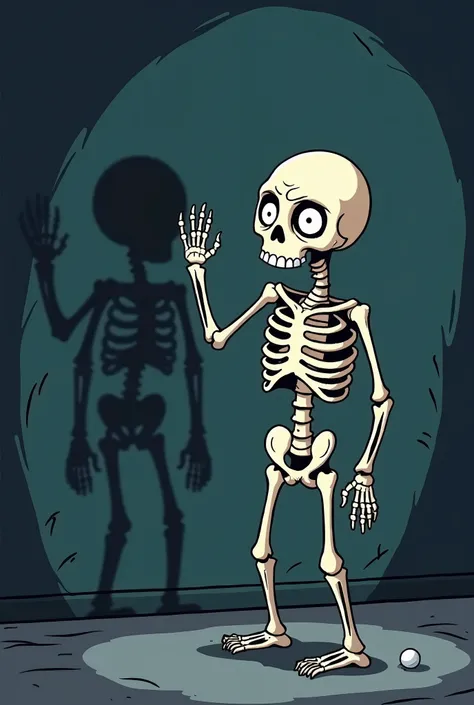 Cartoon of a skeleton that is frightened of its shadow